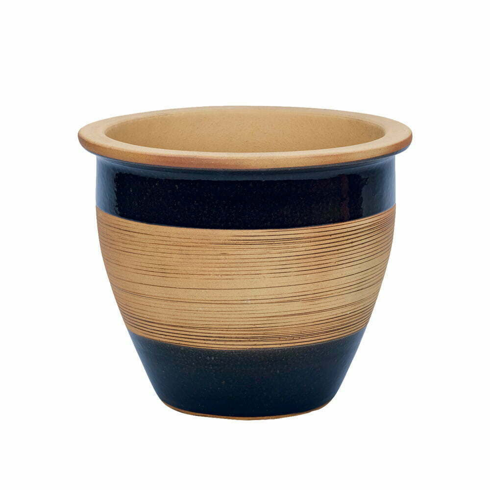 Carved Malay Ceramic Planter Pot Blue Lines 26cm