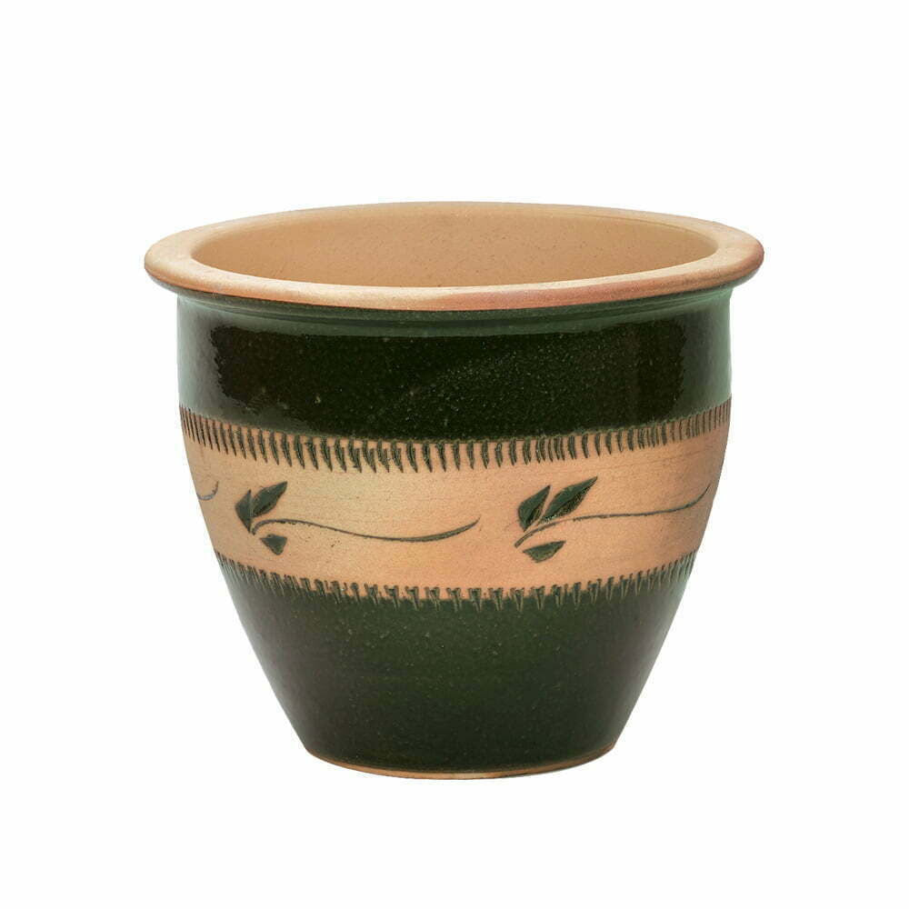 Carved Malay Ceramic Planter Pot Green Leaves 38cm