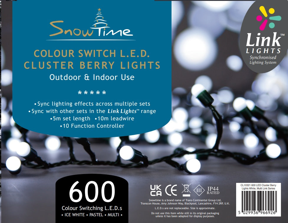 SnowTime 600 LED Berry Cluster Lights - Linkable & Colour Switching (White, Pastel, Multi)