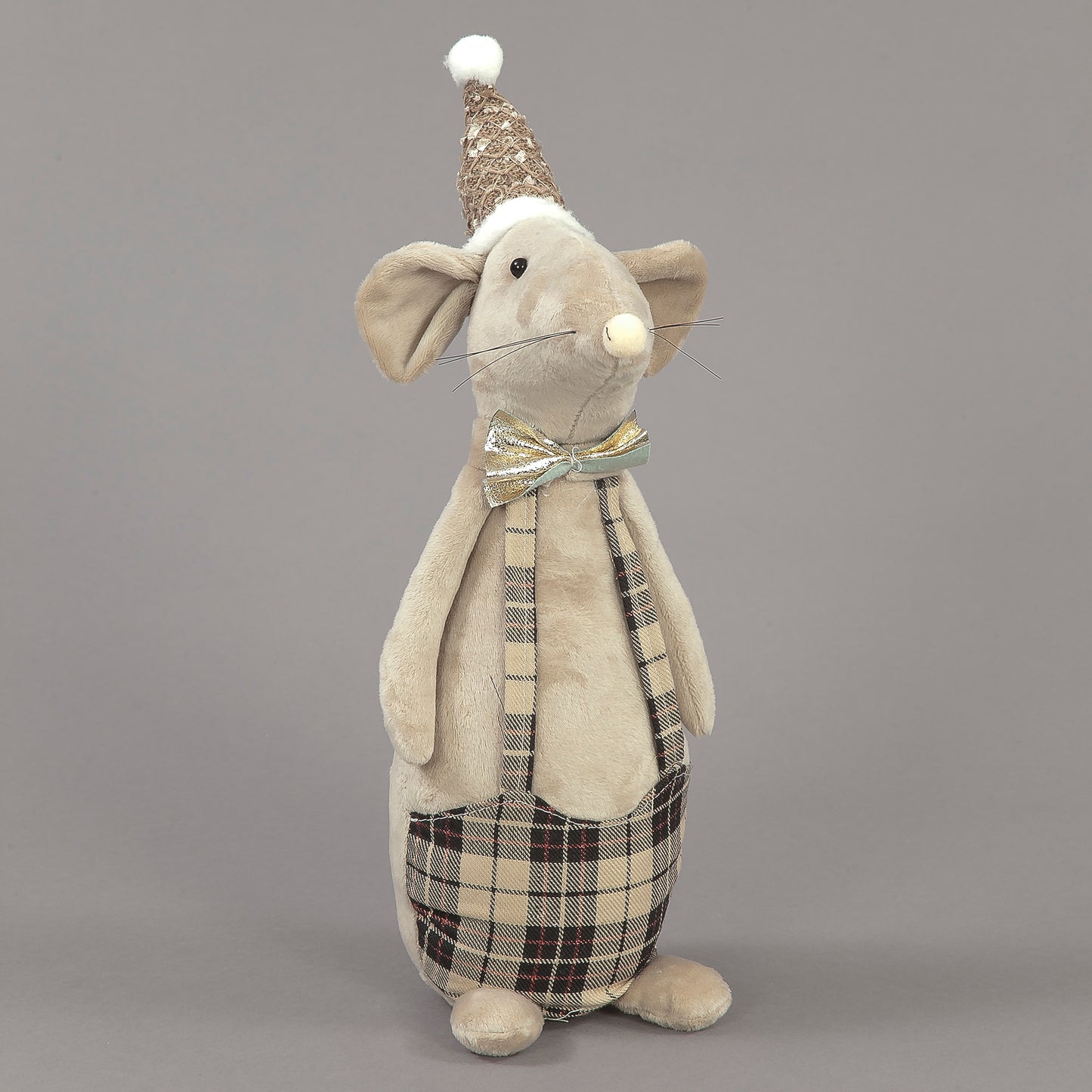 40cm Plush Christmas Mouse with Tartan Trousers & Hat