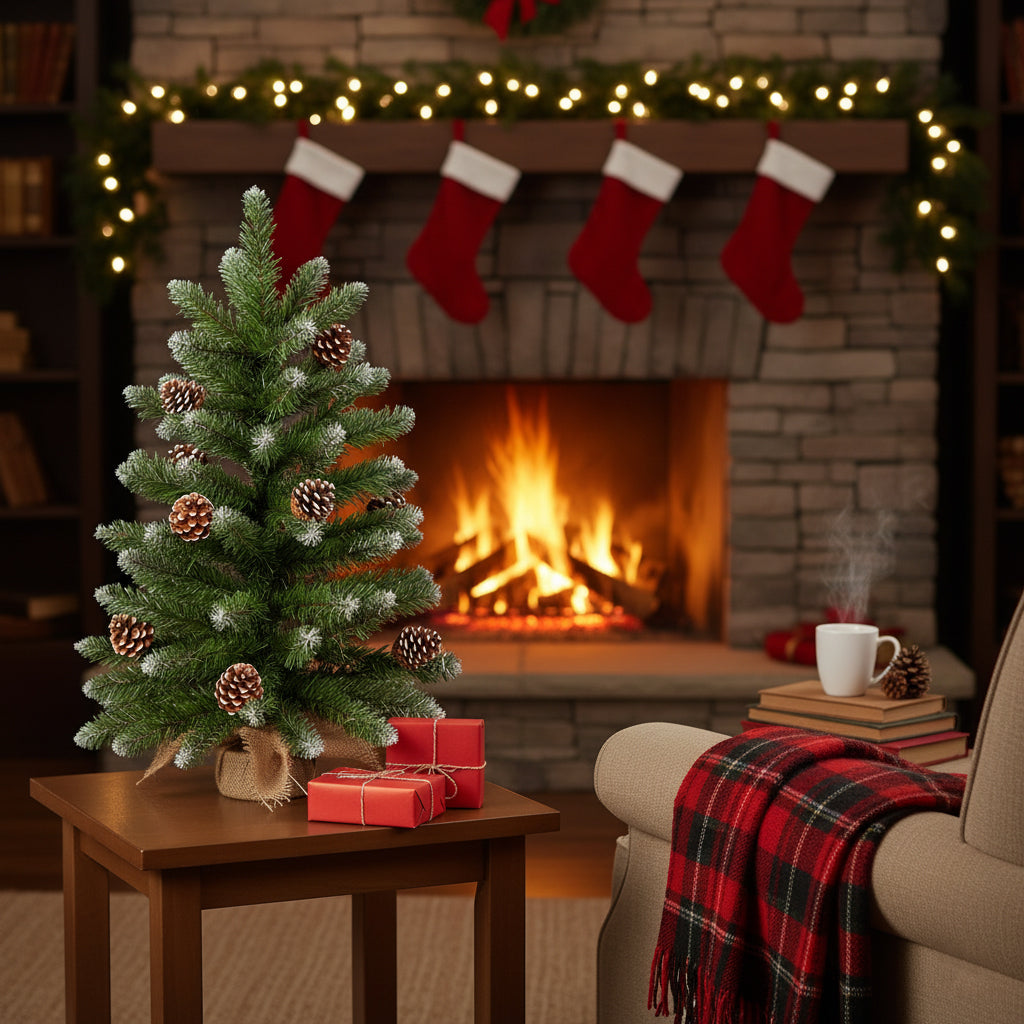 60cm Mini Frosted Norway Tabletop Christmas Tree with Pinecones