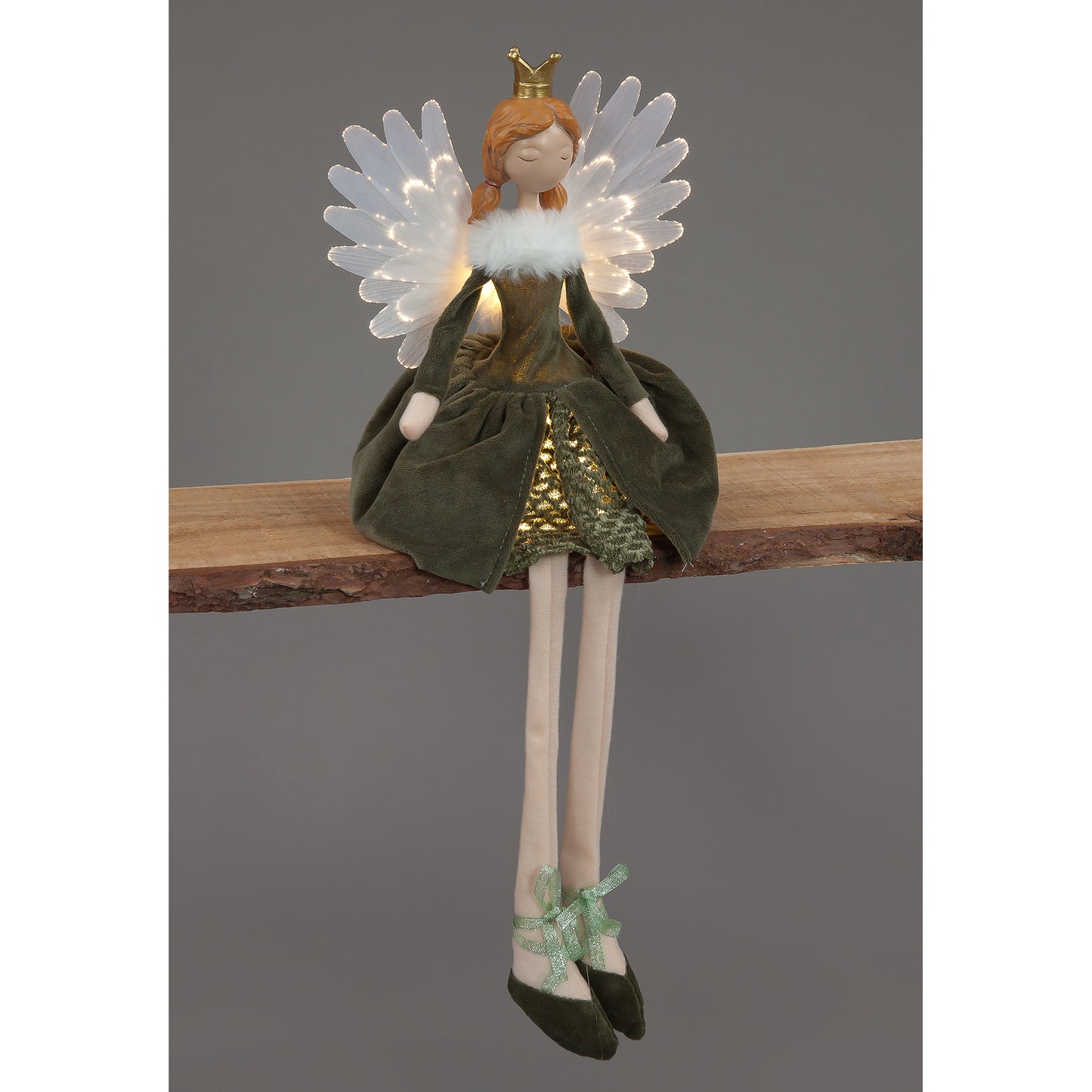 53cm Green Sitting Angel with Light-Up Feather Wings | Large LED Christmas Figure