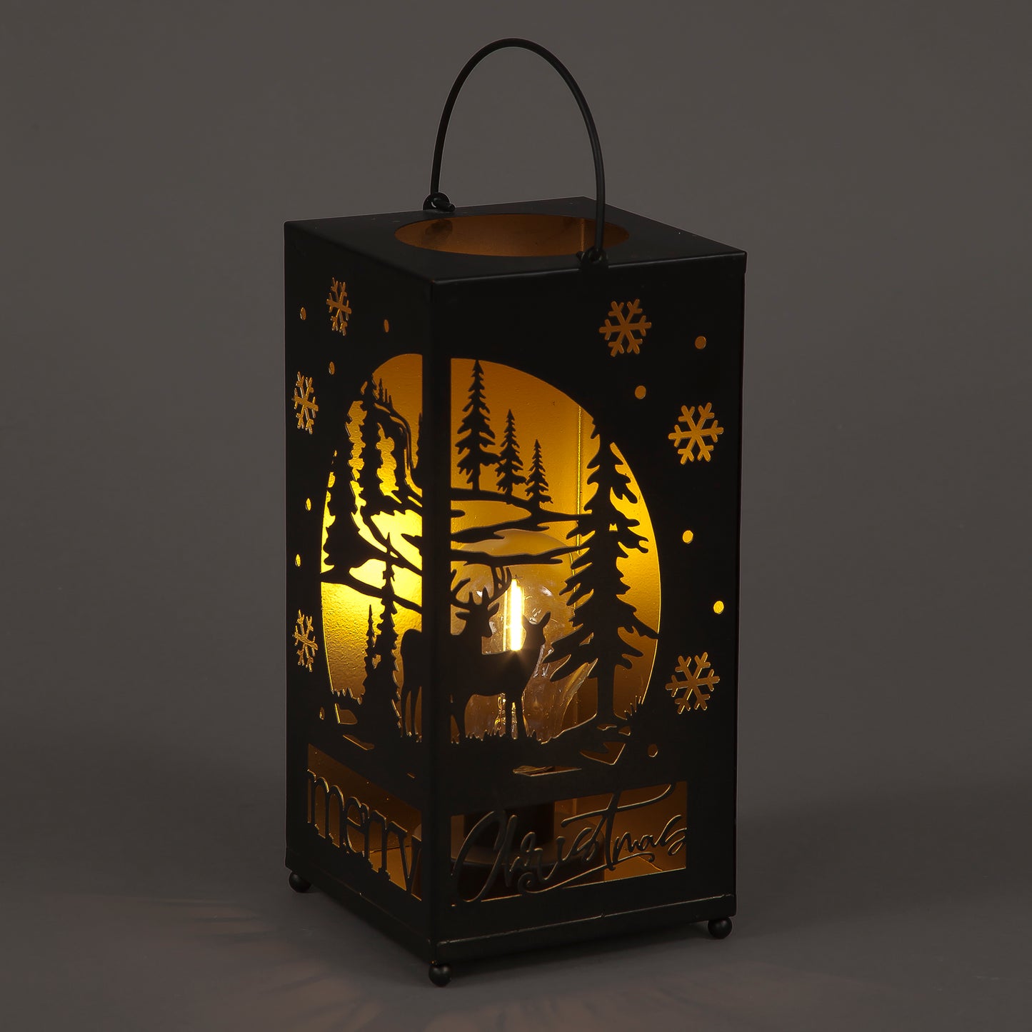 24cm Metal Silhouette Lantern with Winter Scene & Timer