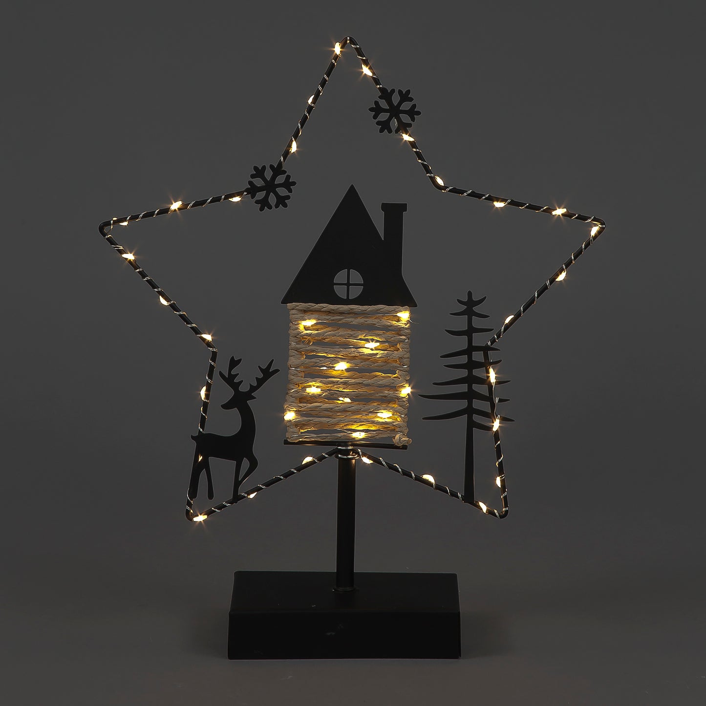 LED Black Metal Star Decoration with Built-in Timer | 31cm Freestanding Ornament