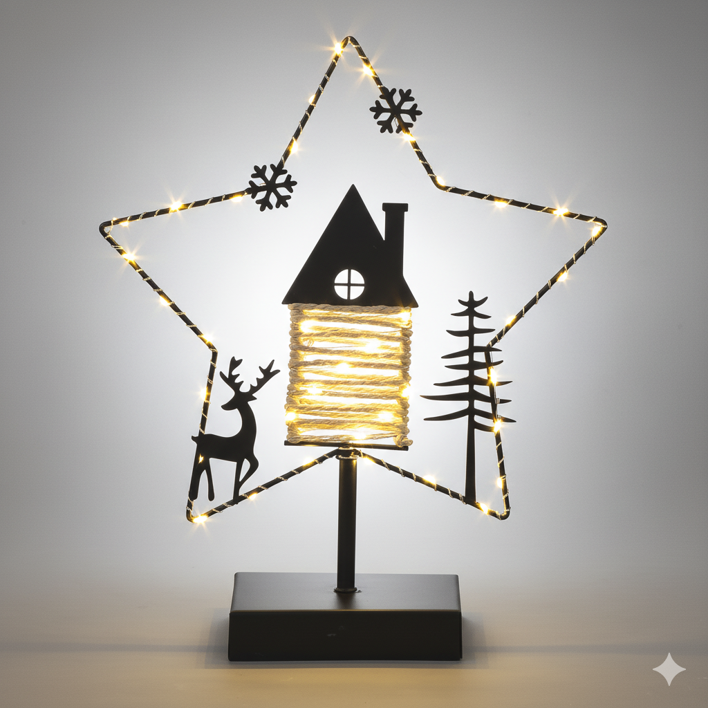LED Black Metal Star Decoration with Built-in Timer | 31cm Freestanding Ornament