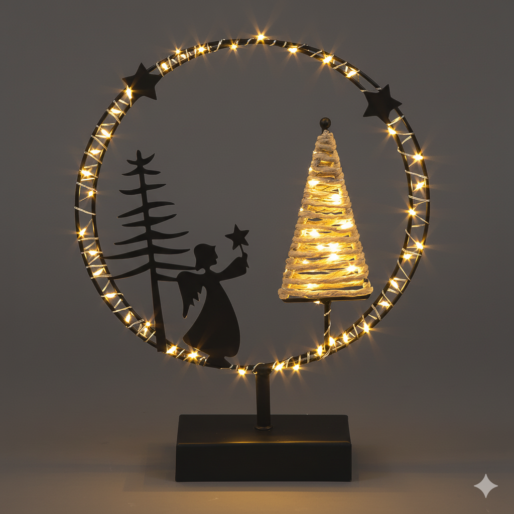 Light-Up Metal Angel Scene with Timer | Modern Christmas Hoop Decor