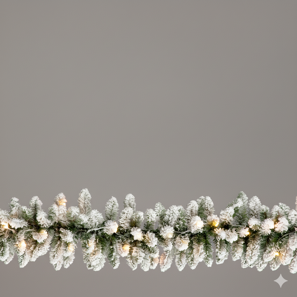 Frosty Christmas garland with lights on a gray background