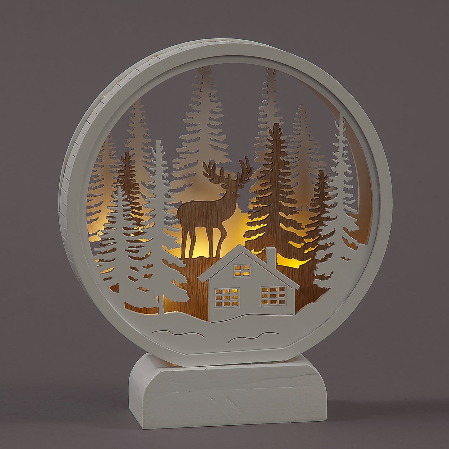 LED Wooden Woodland Scene Light | Layered Christmas Reindeer & Cabin Diorama