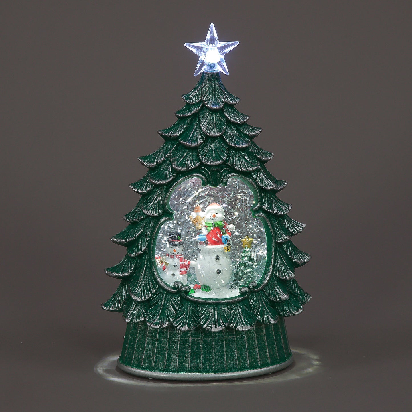 Decorative Christmas tree with snowman and star on a gray background