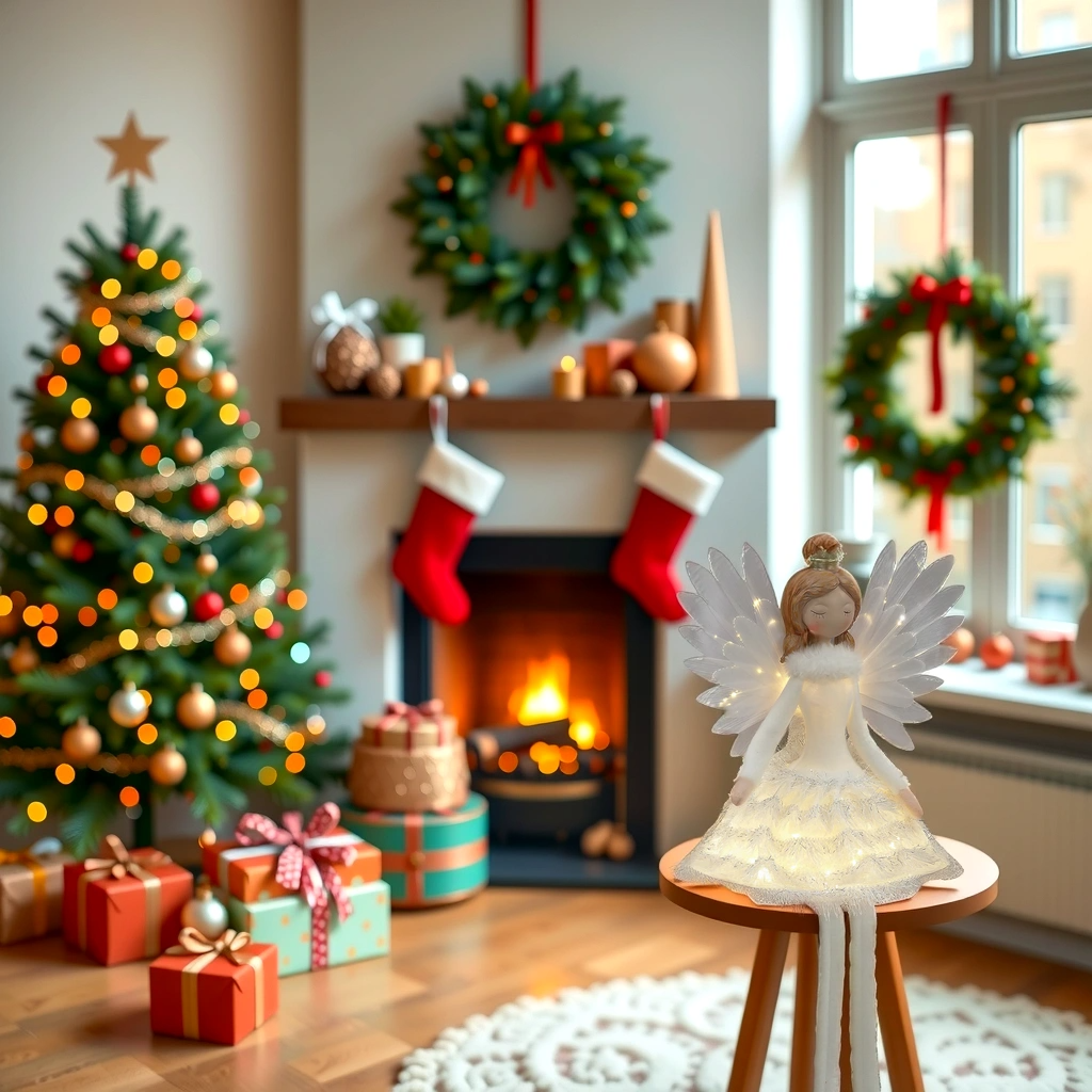 Decorated Christmas living room with tree, stockings, and angel figurine.