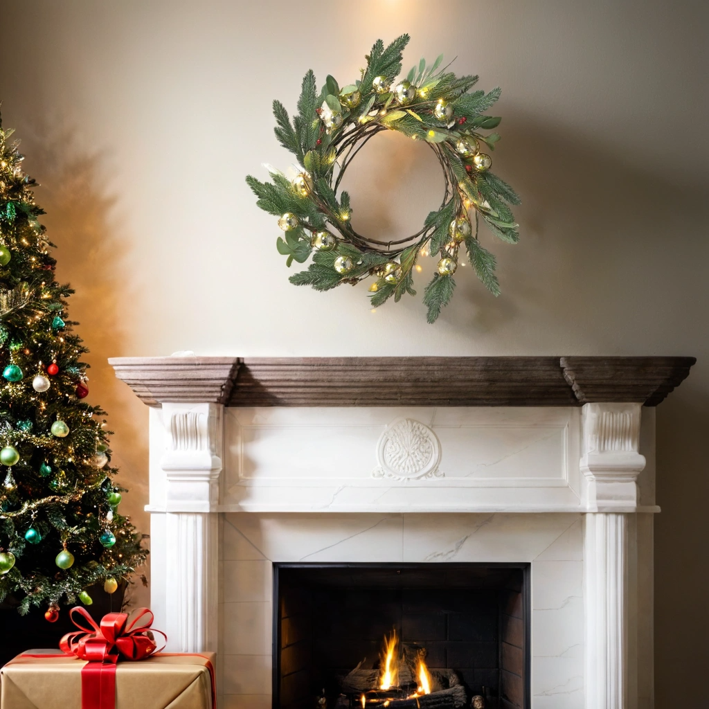 Decorative wreath with lights above a fireplace and Christmas tree on a mantel.
