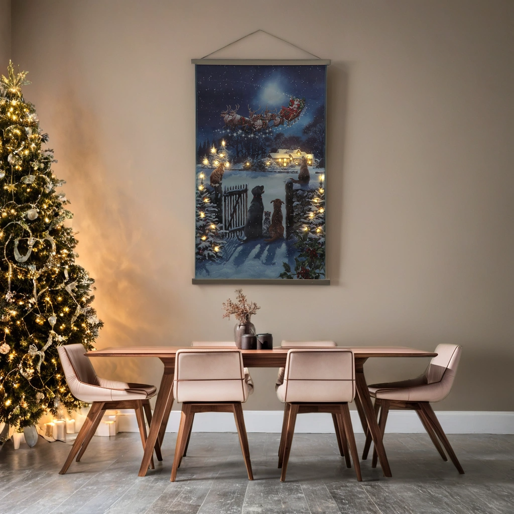 LED Light-Up Christmas Tapestry | Cats & Dogs Santa Scene Wall Hanging