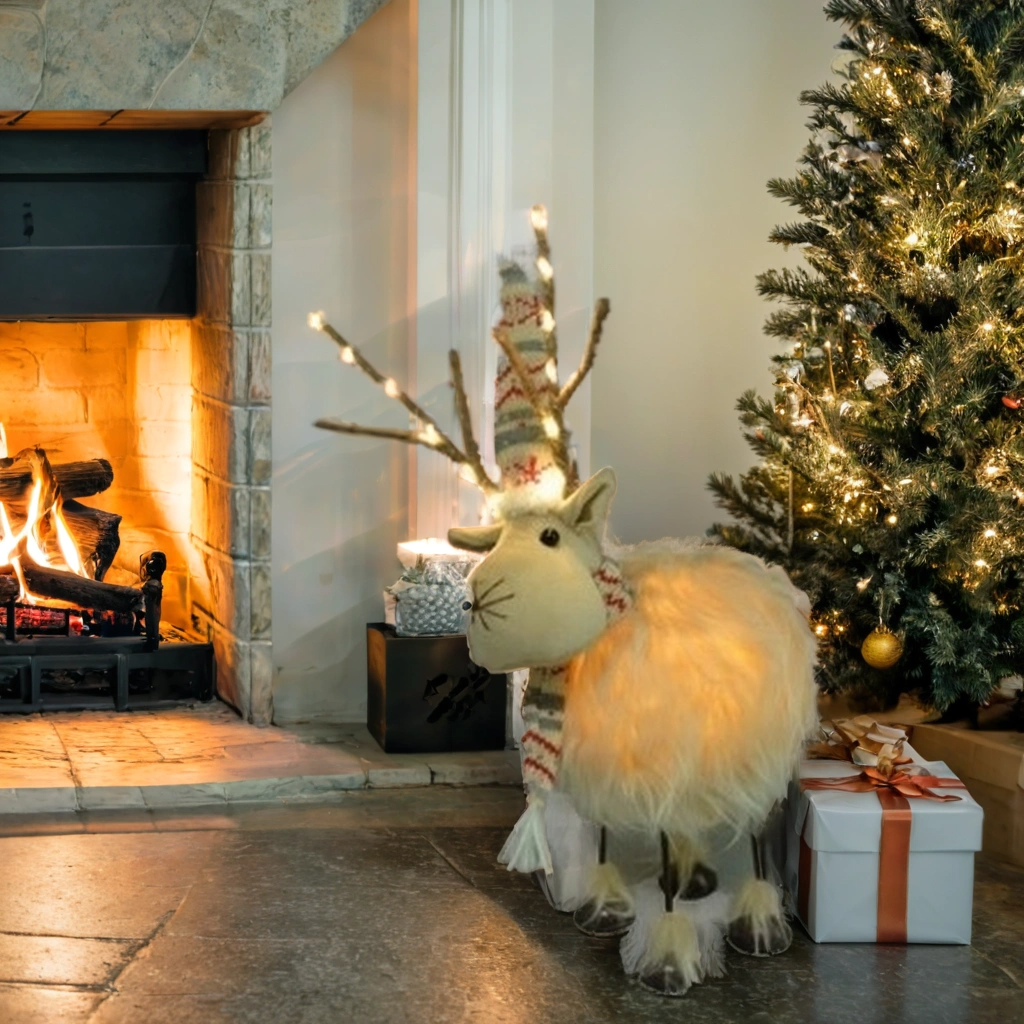 Decorative reindeer in a cozy living room with a fireplace and Christmas tree.