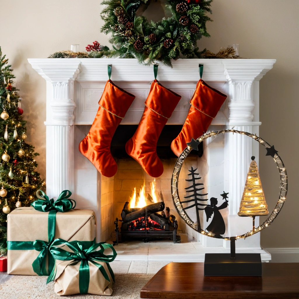 Light-Up Metal Angel Scene with Timer | Modern Christmas Hoop Decor