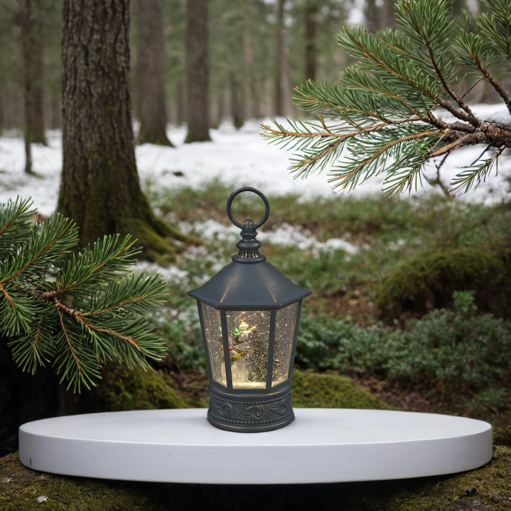 26cm Snowman Water Spinner Lantern | Antique Grey with Swirling Glitter