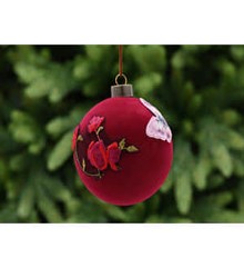 10cm red flocked glass ball - red fabric flowers