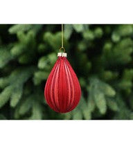 13cm matt red glass teardrop - red flock stripes
