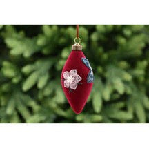 13cm red flock glass drop with pink fabric flowers