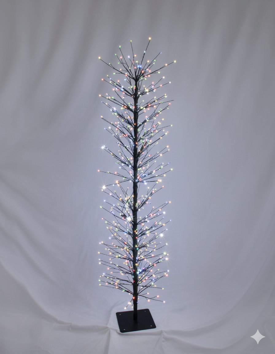 640 LED Multi-Colour Flashing Twig Tree | 1.5m Slim Black Christmas Tree