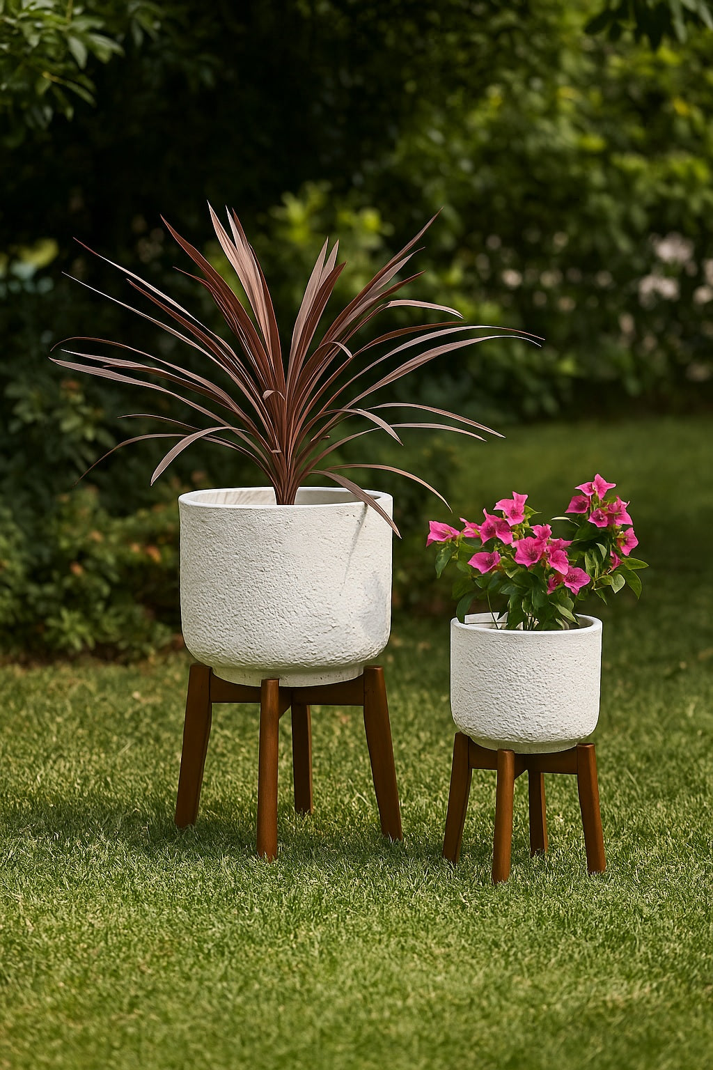 White Fibre Cement Pots With Acacia Legs Set Of Two