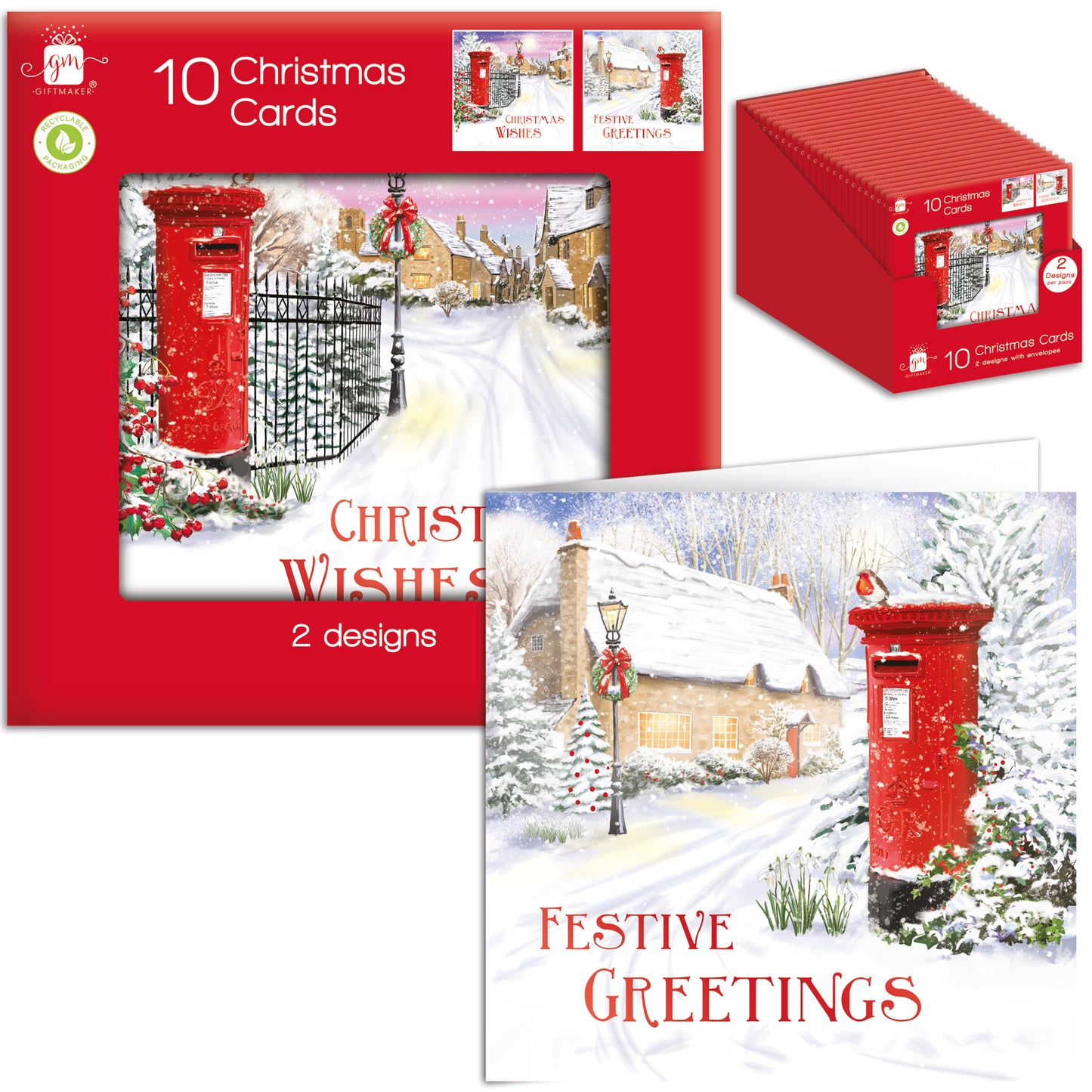 10 Postbox Christmas Cards - Incl. 2 Designs
