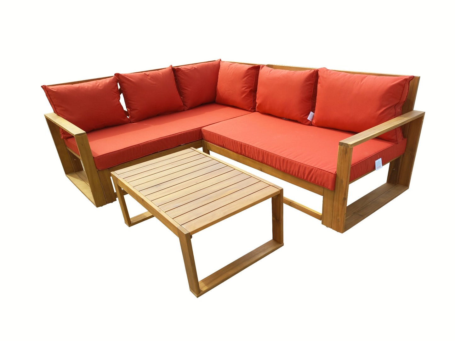 Ayres Rock Acacia Wood Corner Sofa Set with Red Cushions & Coffee Table | Outdoor Patio Furniture