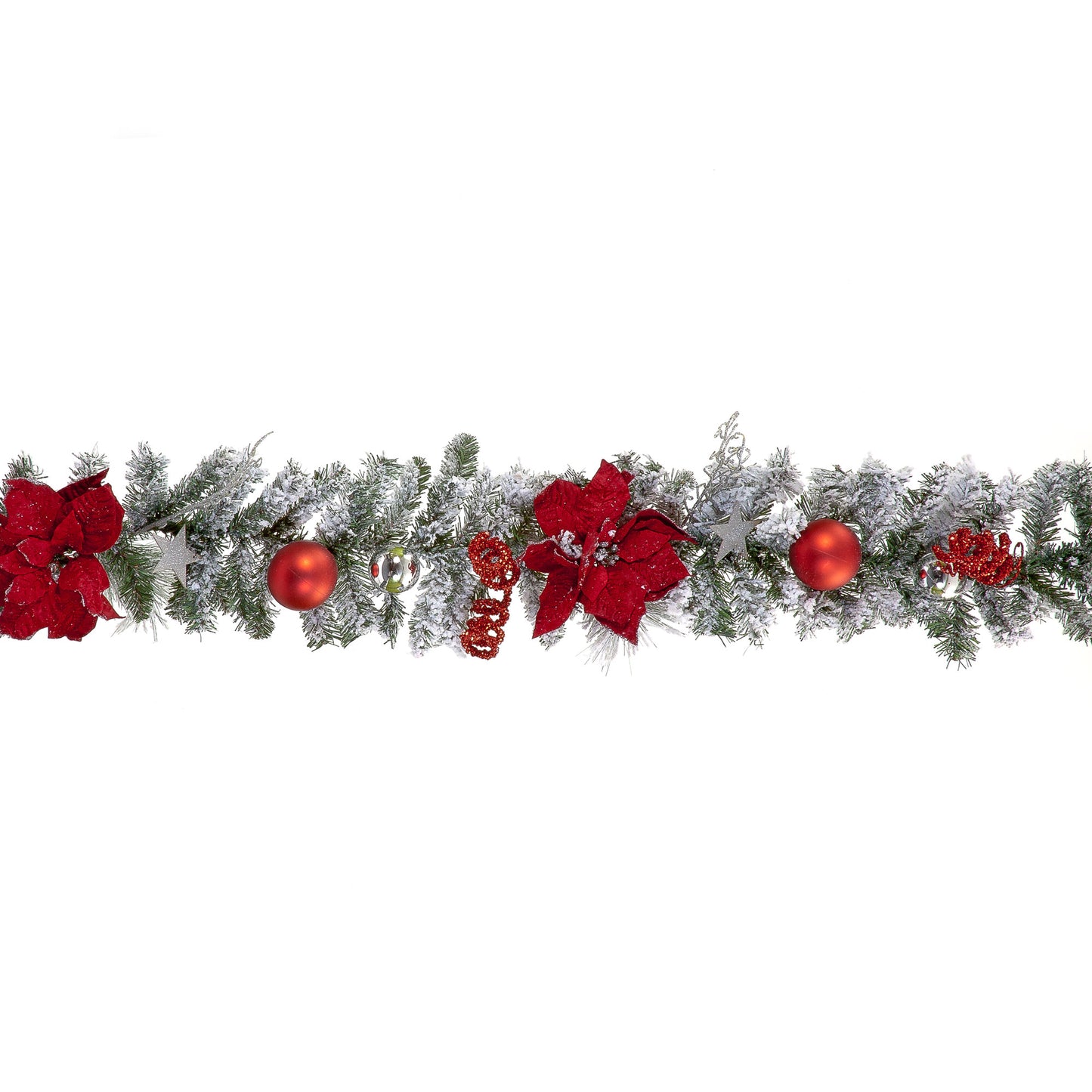 180cm Red Poinsettia Flocked Garland With Red Berry & Gold Glitter Leaf