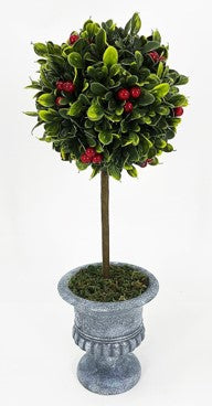 Christmas 50cm Boxwood Outdoor Berry Topiary in Stone Look Urn