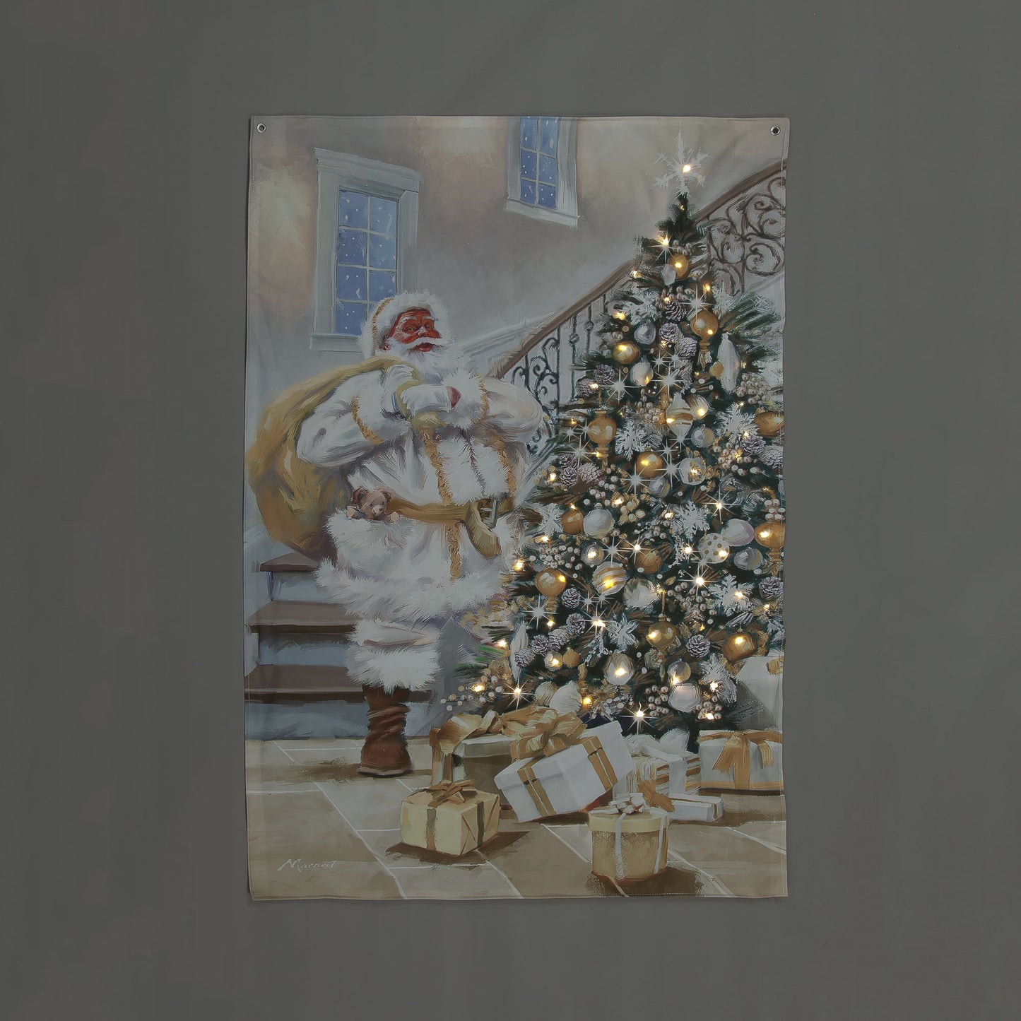 LED Gold Christmas Tapestry with Santa and Gifts (100x145cm)