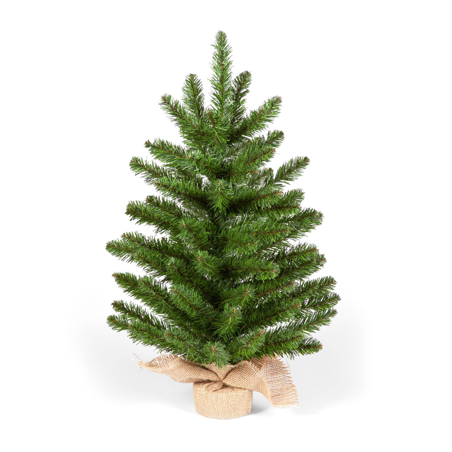 A 60cm miniature artificial Christmas tree with a natural green color and a burlap base.