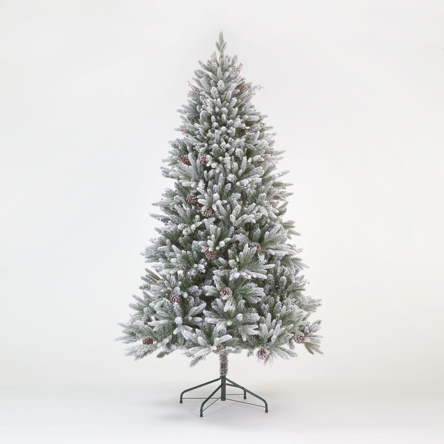 A 210cm frosted green Christmas tree with pinecones, made of PVC, set on a metal stand against a white background.