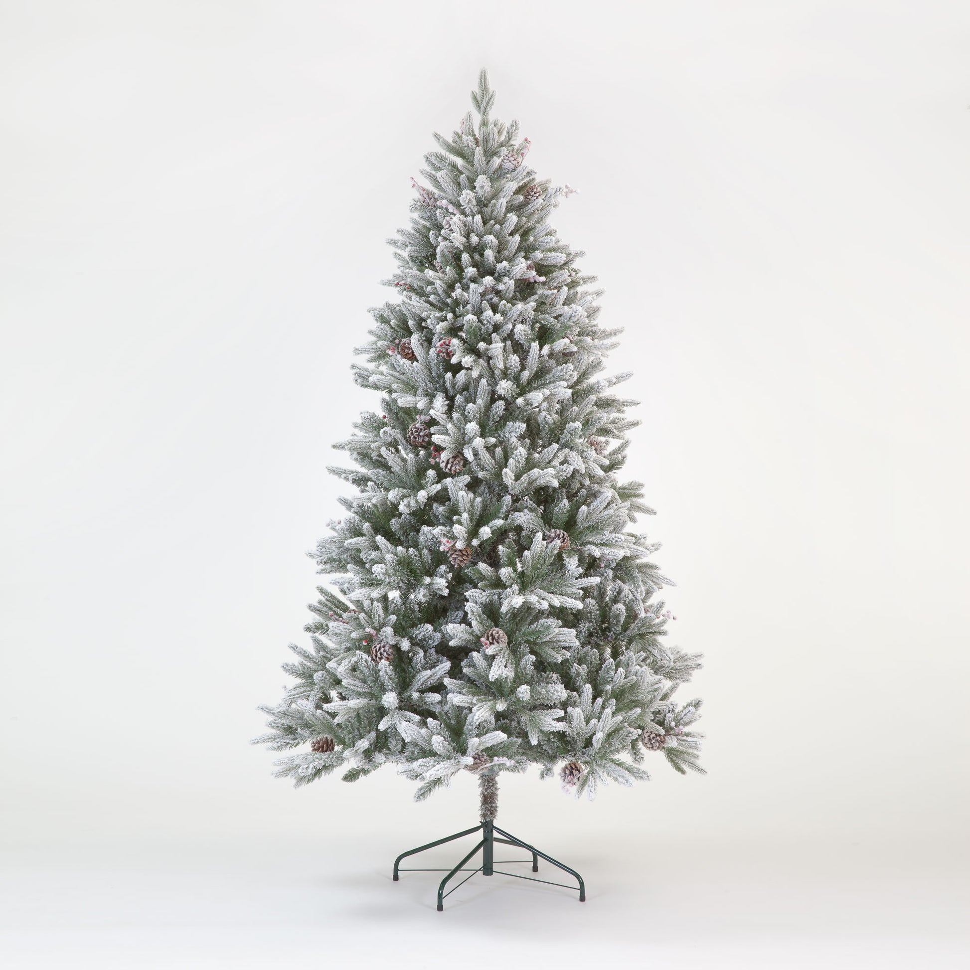 A 210cm frosted green Christmas tree with pinecones, made of PVC, set on a metal stand against a white background.