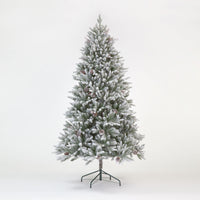 A 210cm frosted green Christmas tree with pinecones, made of PVC, set on a metal stand against a white background.