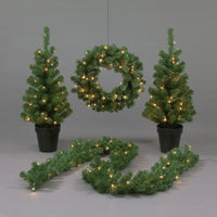 4-Piece Pre-Lit Christmas Porch Set | 2 Trees, Wreath & Garland