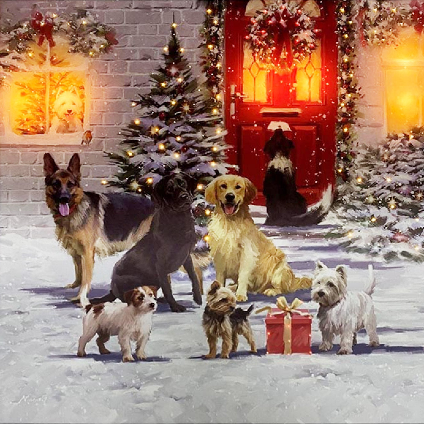 Battery Operated Fibre Optic Christmas Canvas Dogs Frolicking (40x40cm)