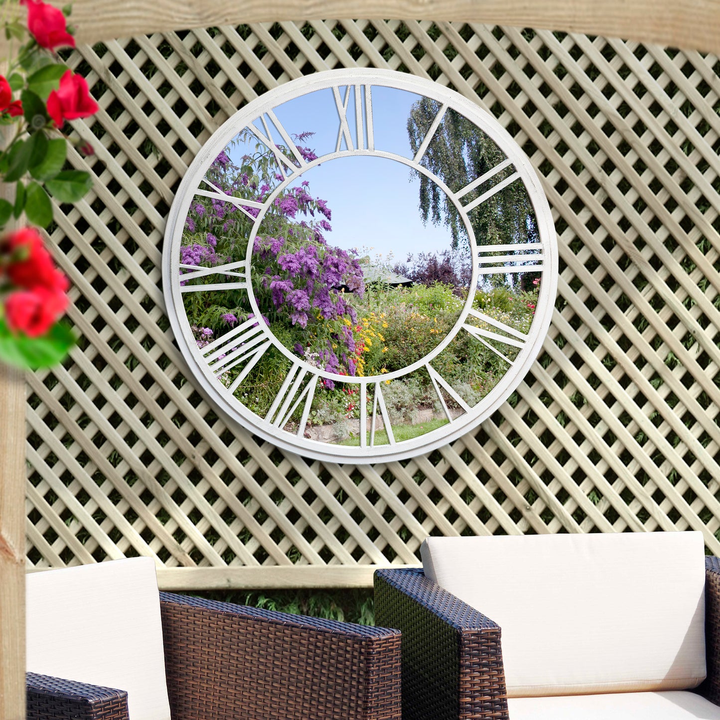 92cm White Outdoor Roman Numeral Clock Garden Mirror