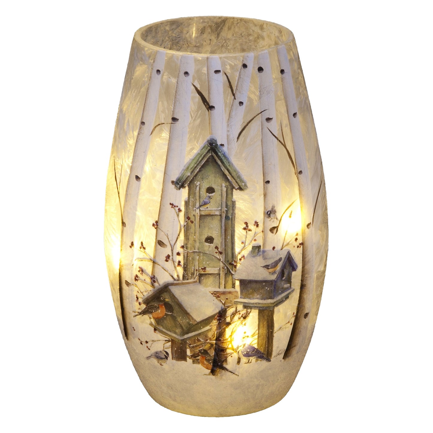 18cm Lit Glass Vase With 3 Birdhouses Scene With 10 Warm White LEDs