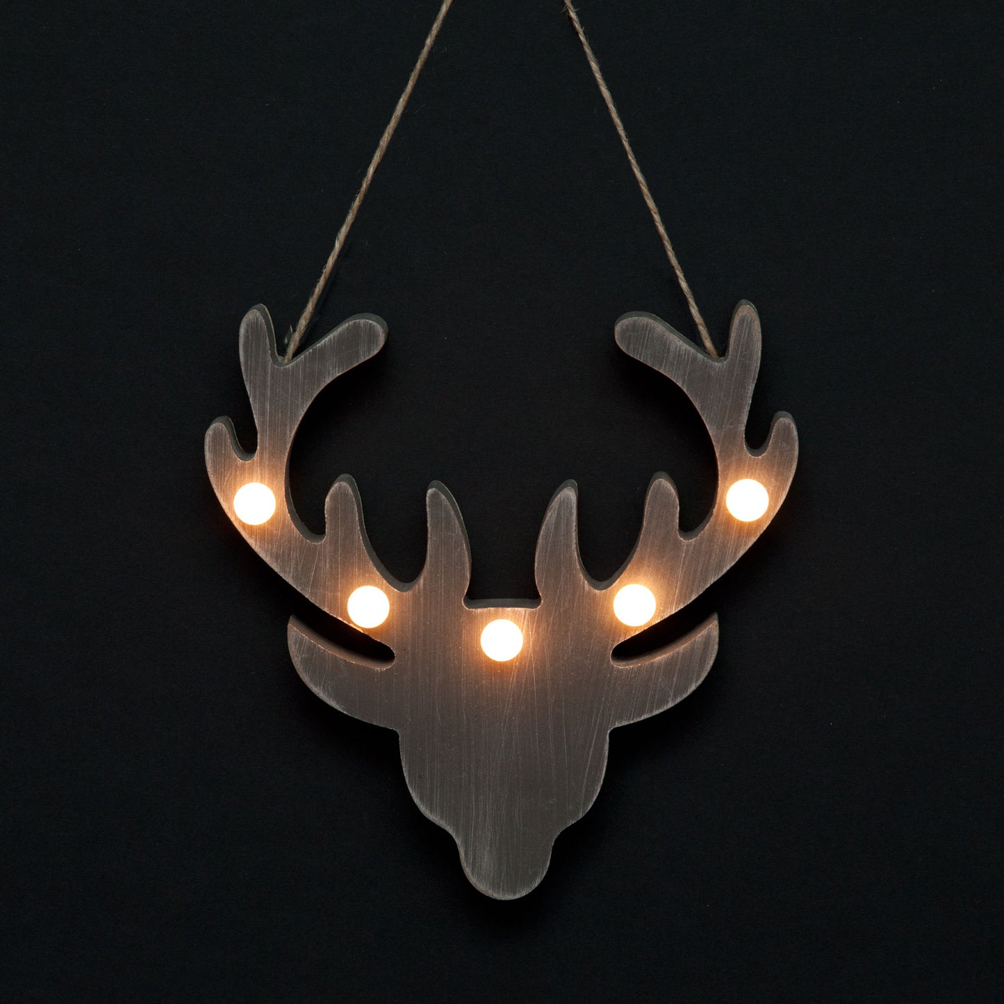 Battery Operated 14cm Wood Stag Head Hanging With 5 Warm White Ball LEDs
