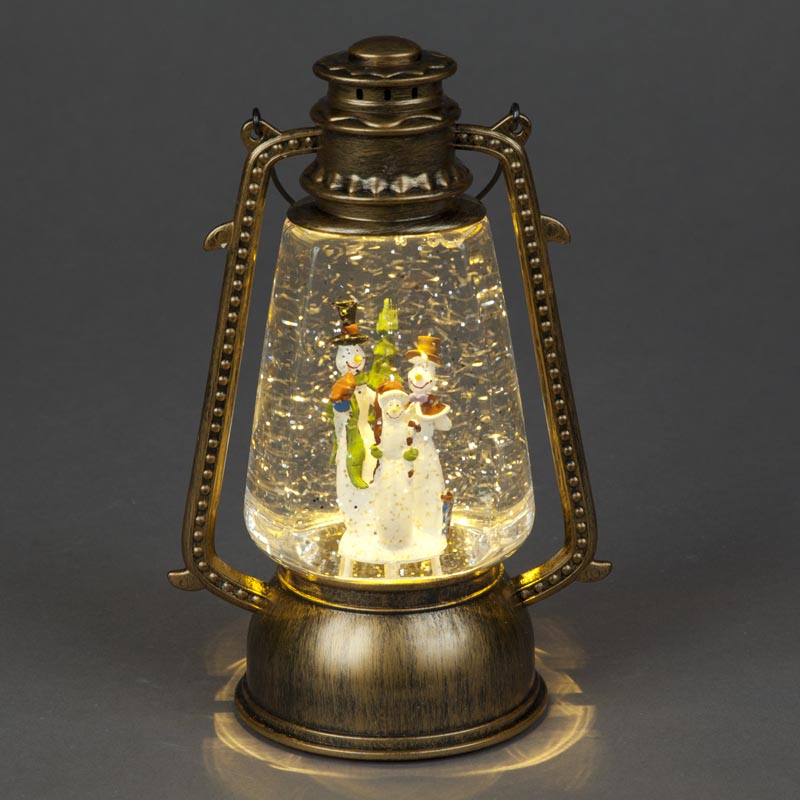 Battery Operated 24cm Golden Water Lantern with Snowman Trio