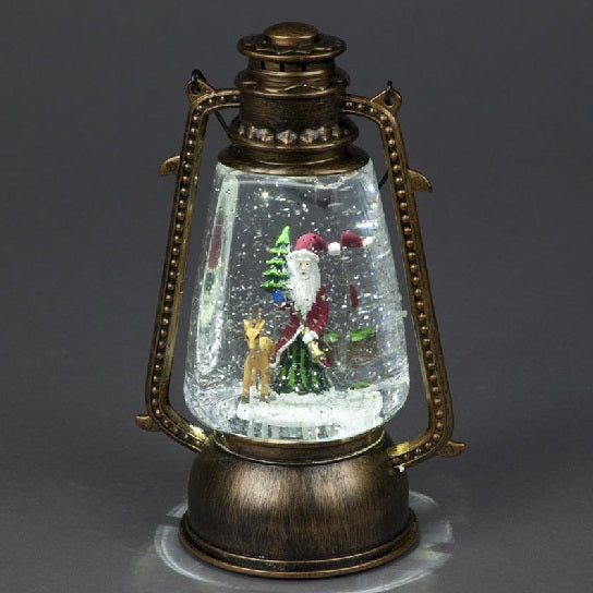 Battery Operated 24cm Black/ Bronze Water Lantern With Santa and Ice White LEDS