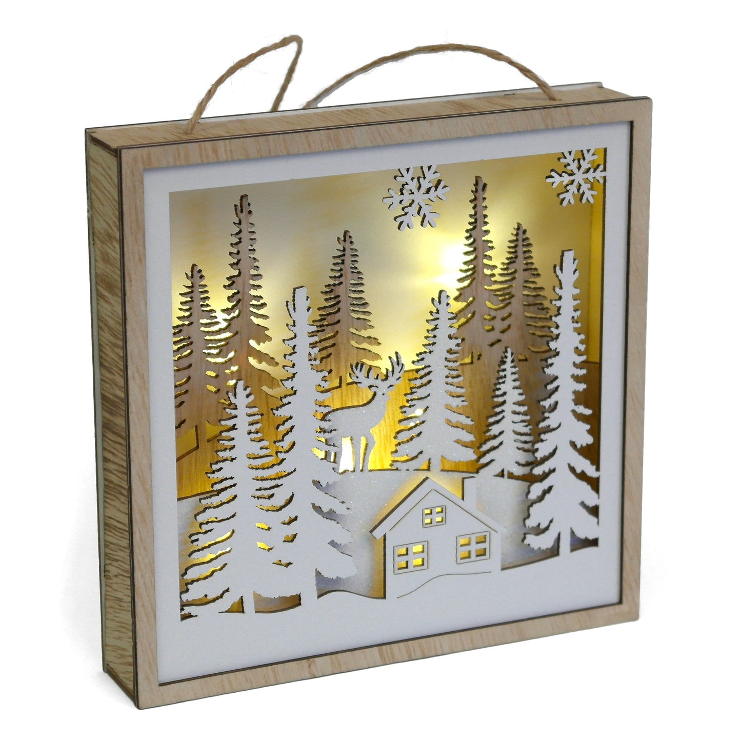 Battery Operated 15cm Hanging Wood Frame With White Finish 6 Warm White LEDs
