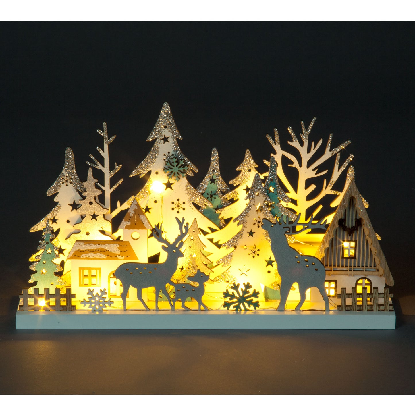 Battery Operated Christmas 18cm Table Top Decoration With Trees, House, Family Stags & 10 Warm White LEDs