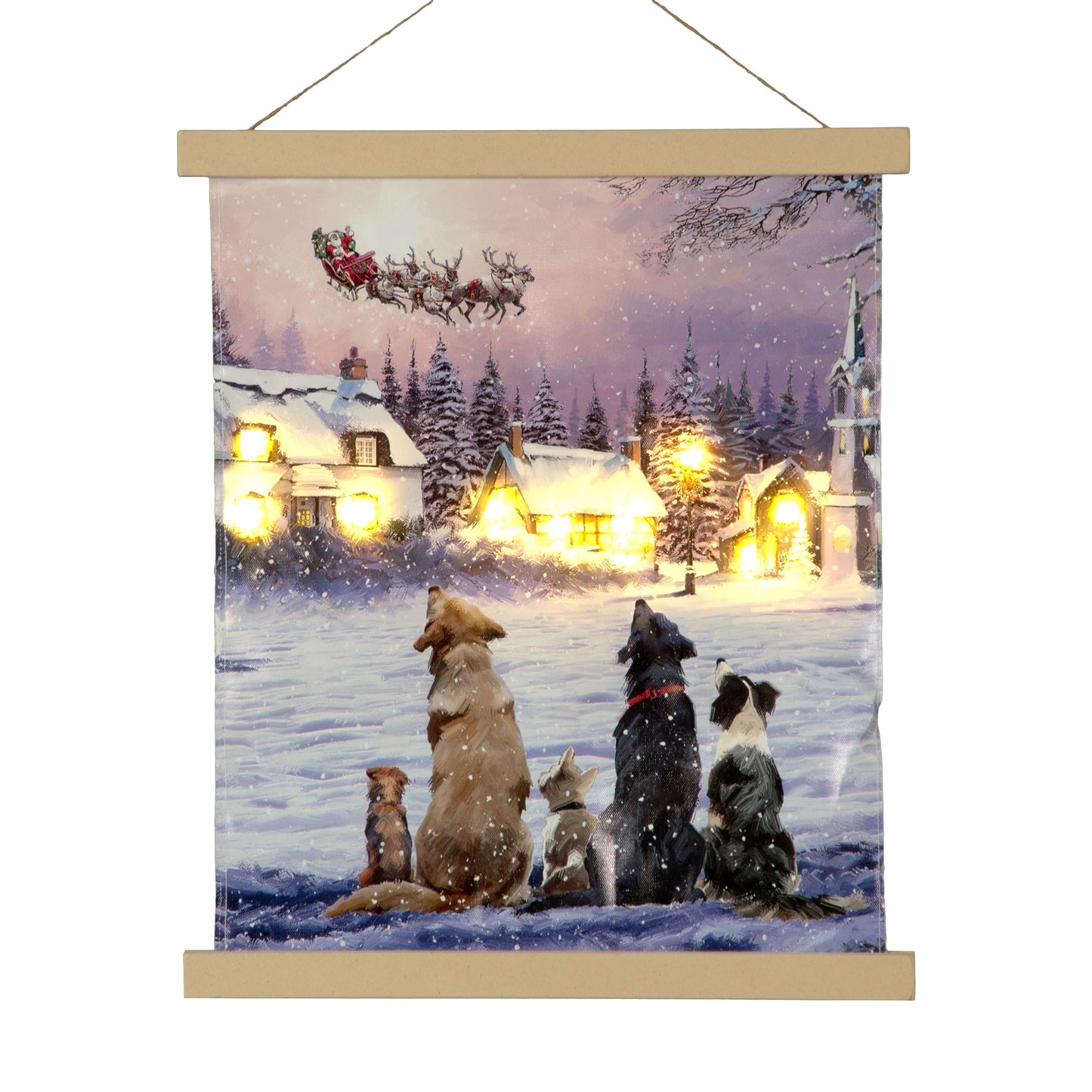 Battery Operated LED Hanging Canvas With Dogs Watching Santa 40cm x 47cm
