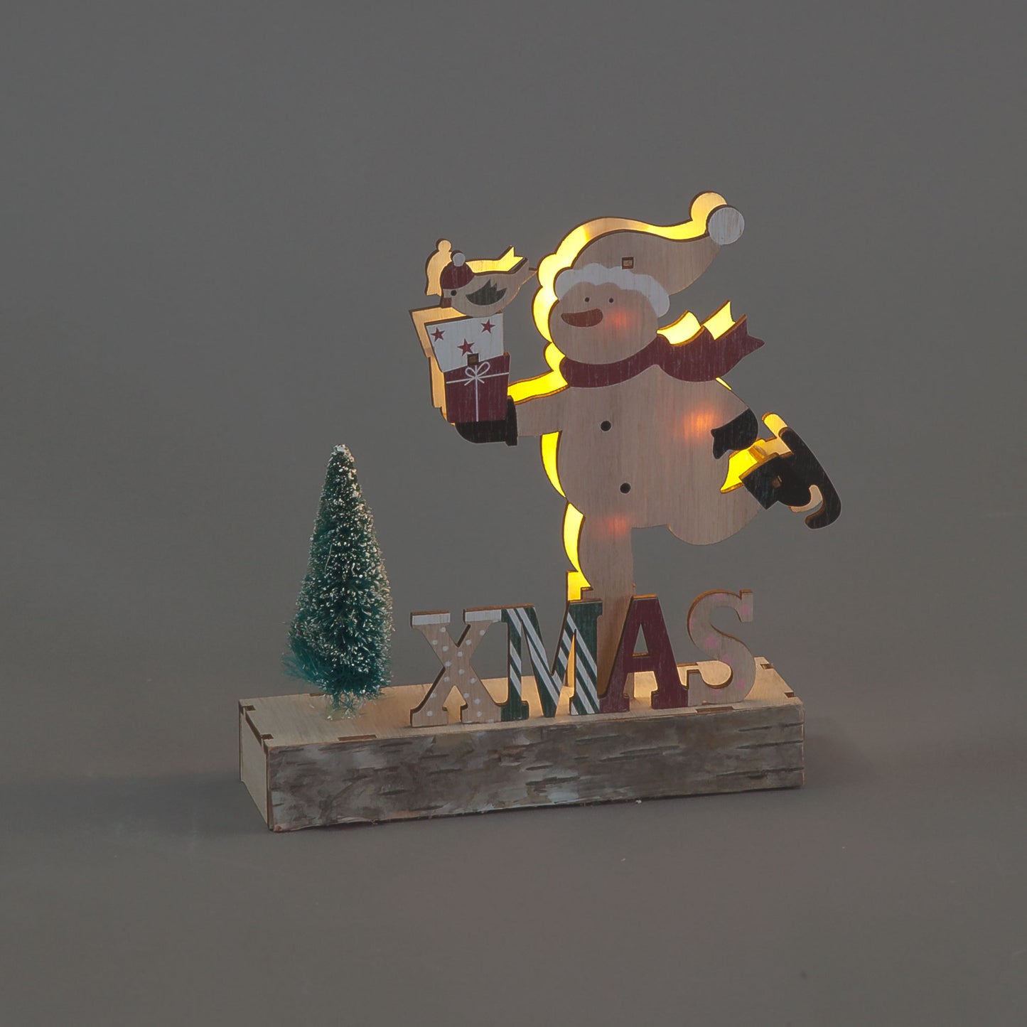 Battery Operated Wooden Snowman and gifts on Xmas base (16cm)