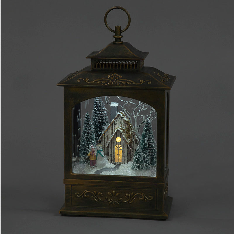 43cm Snowing Lantern Black Brushed Gold Winter Scene