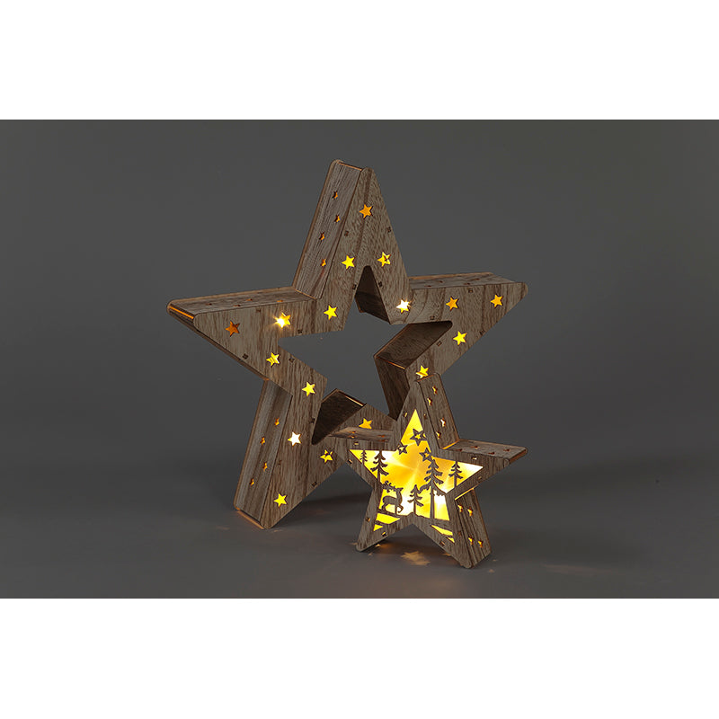 Battery Operated 2pcs Wooden Christmas Twinkling Stars (33cm/17cm)