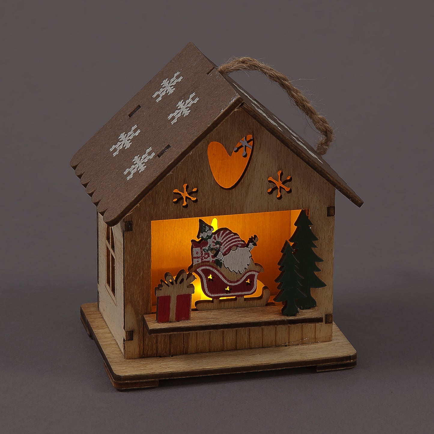 Battery Operated 10cm Wooden Hanging House w/ Santa Gonk /Warm White LED Christmas Decoration