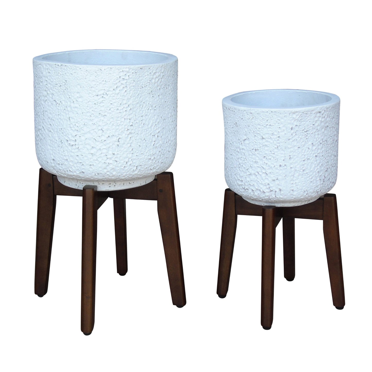 White Fibre Cement Pots With Acacia Legs Set Of Two