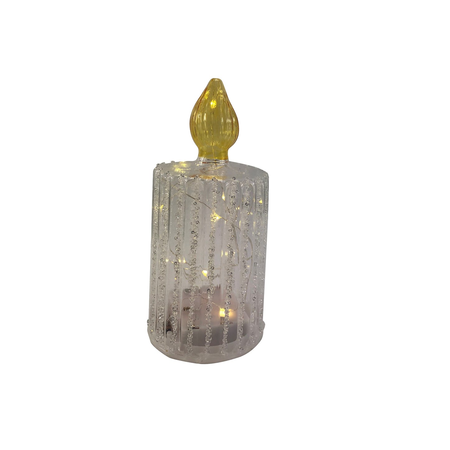 19cm Battery Operated Lit Clear Glass Candle With Gold Flame