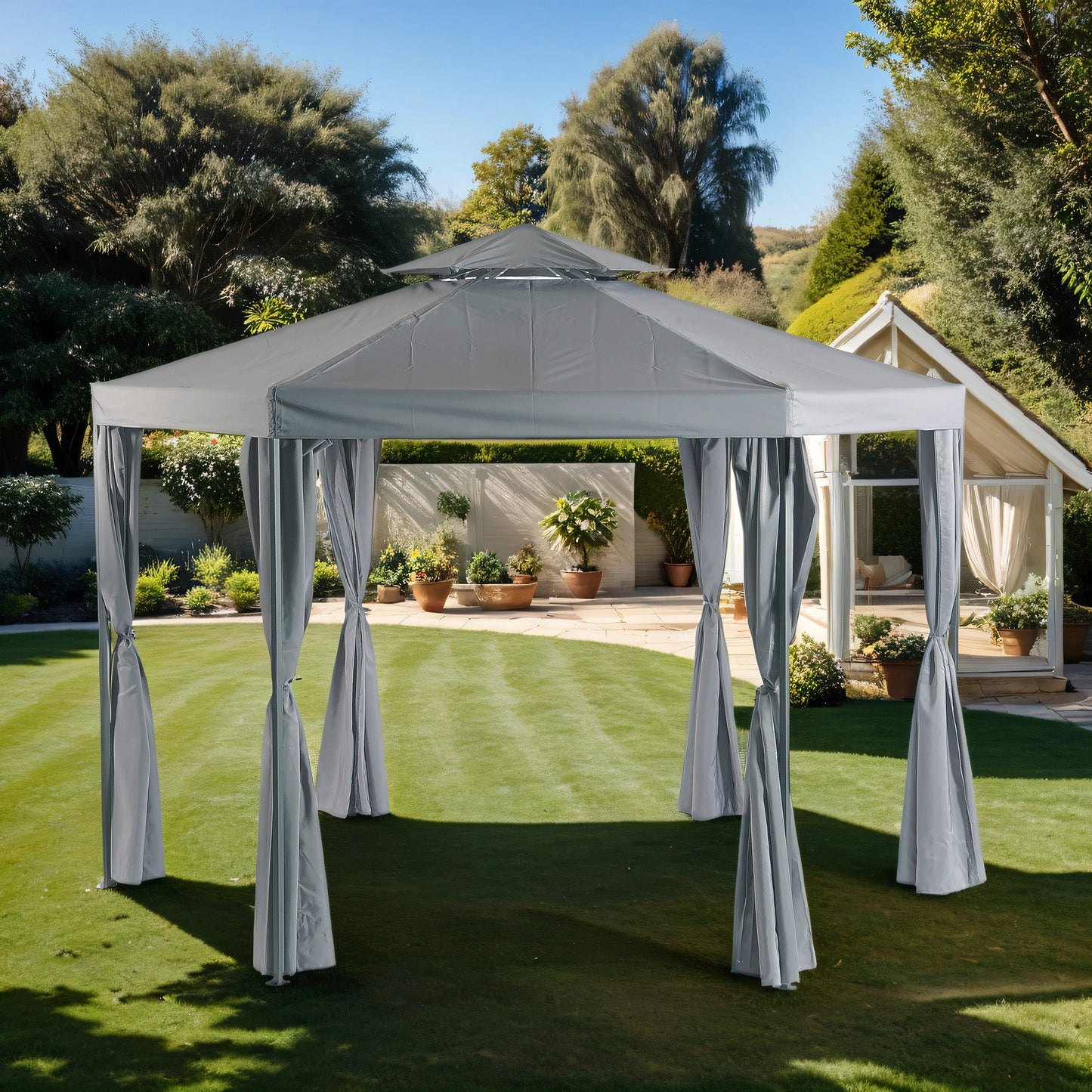 Amalfi 3.4m Steel Grey Hexagonal Gazebo With Curtains